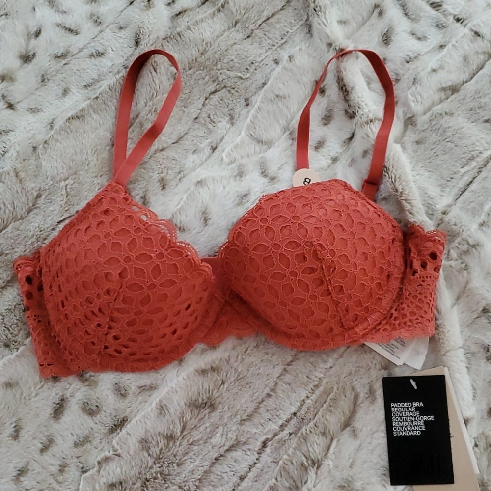 H&M orange/coral lace bra, size 34B, NWT